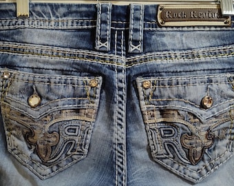 Rock Revival Bootcut Jeans, Fleur de Lis Design, Size 27
