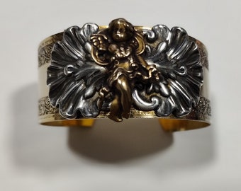Vintage Sonja Lea Gold, Silver and Brass Tone Cherub Wide Cuff Ornate Bracelet