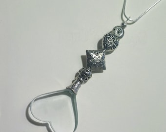 Magnifying Glass Heart Shape Sterling Silver Plated Chain & Beaded Handle Inspired by Miss Marple Pendant Necklace