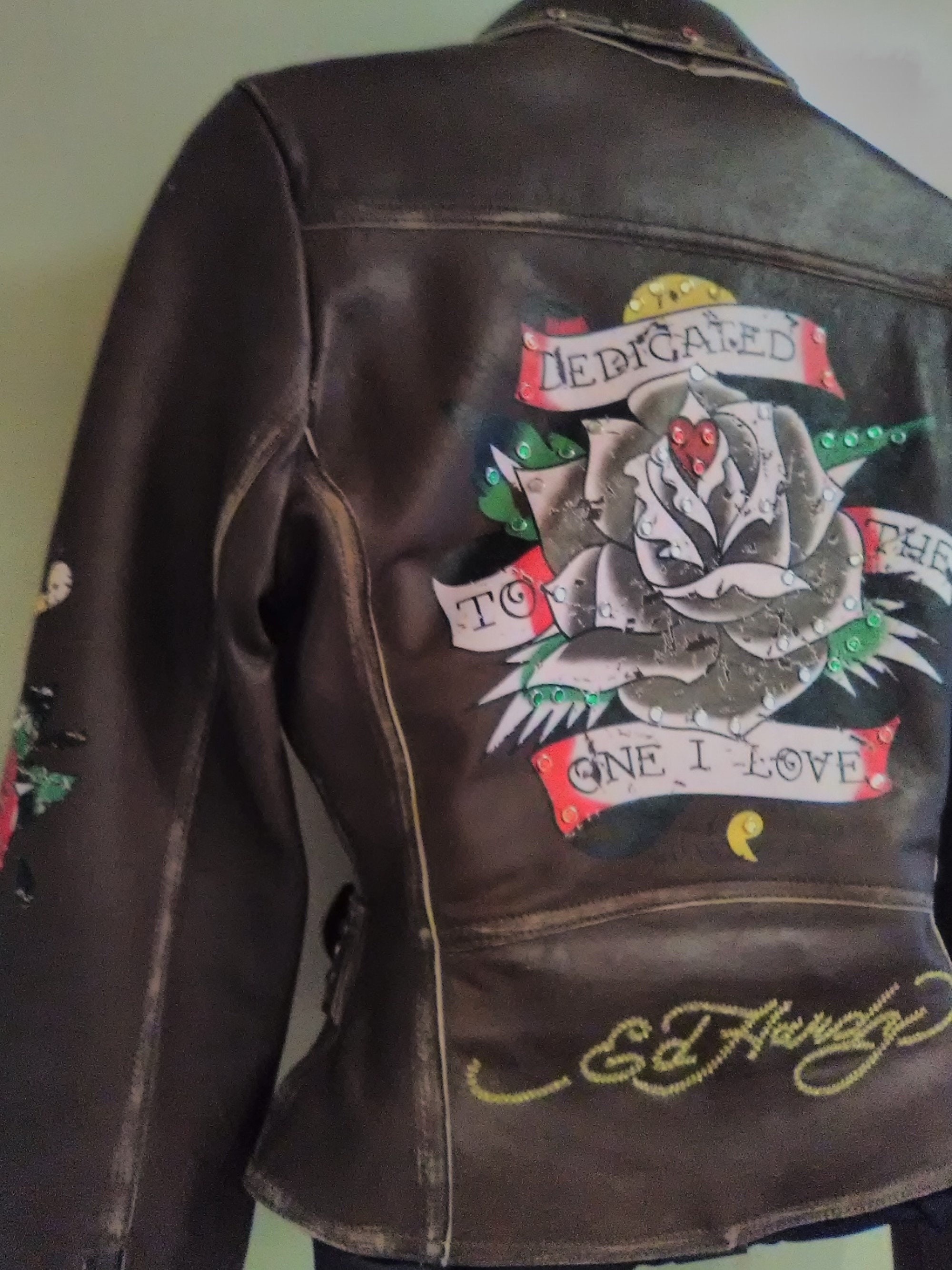 Ed Hardy Brown Leather Biker Jacket XS – Rhinestone Studded