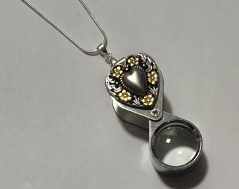Antique Silver Gold Tone Floral Heart Magnifying Loupe Pendant Necklace 20x (30" Chain)