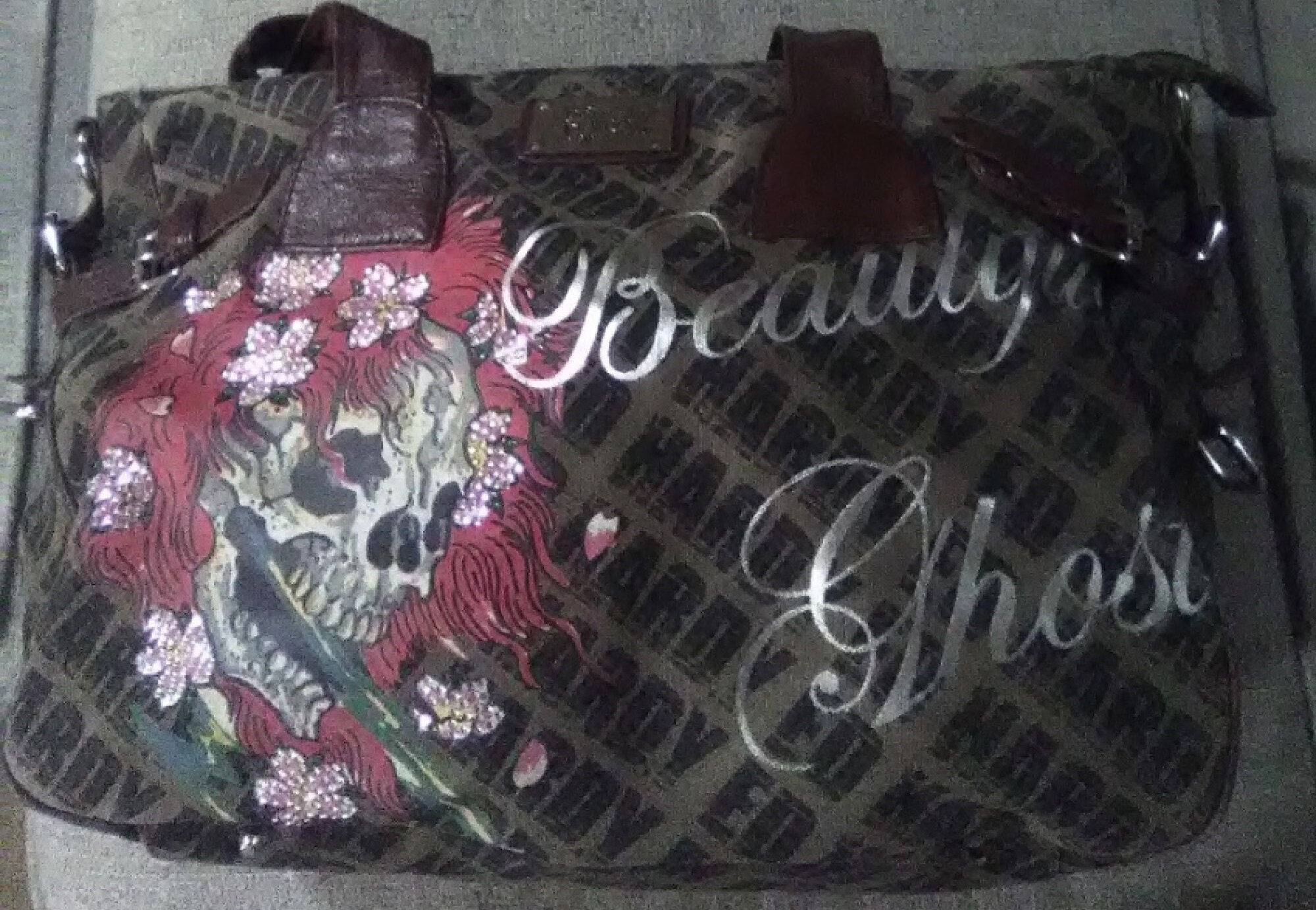 Ed Hardy Unisex Black/Pink Jaguar Rose Tatoo Print Nylon Phone Crossbody  Bag With Adjustable Shoulder Strap 