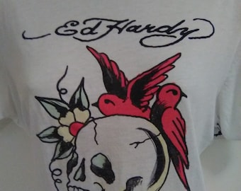 Ed Hardy White Crop T-shirt Size Large with Skull & Red Bird Graphics
