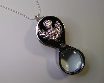 Scottish Thistle Magnifying Glass Necklace: Silver Plated Loupe Pendant