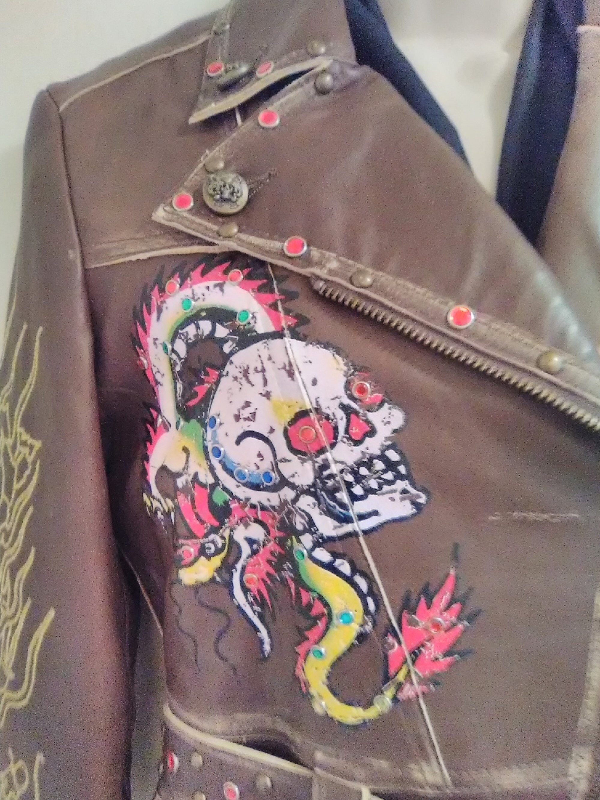 Ed Hardy Brown Leather Biker Jacket XS – Rhinestone Studded