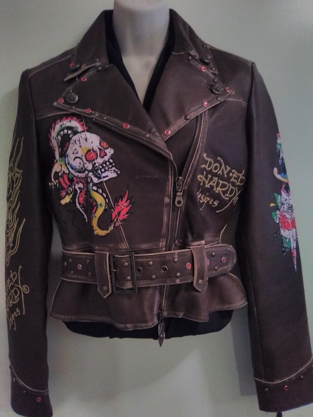 【小太郎】ed hardy riders jacket Ed Hardy Brown Leather Biker Jacket XS – Rhinestone Studded