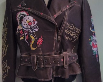 Ed Hardy Brown Leather Biker Jacket XS – Rhinestone Studded, Embroidered