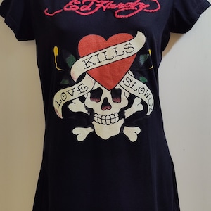 Ed Hardy Black Tee Love Kills Slowly Embroidered Logo Name Size