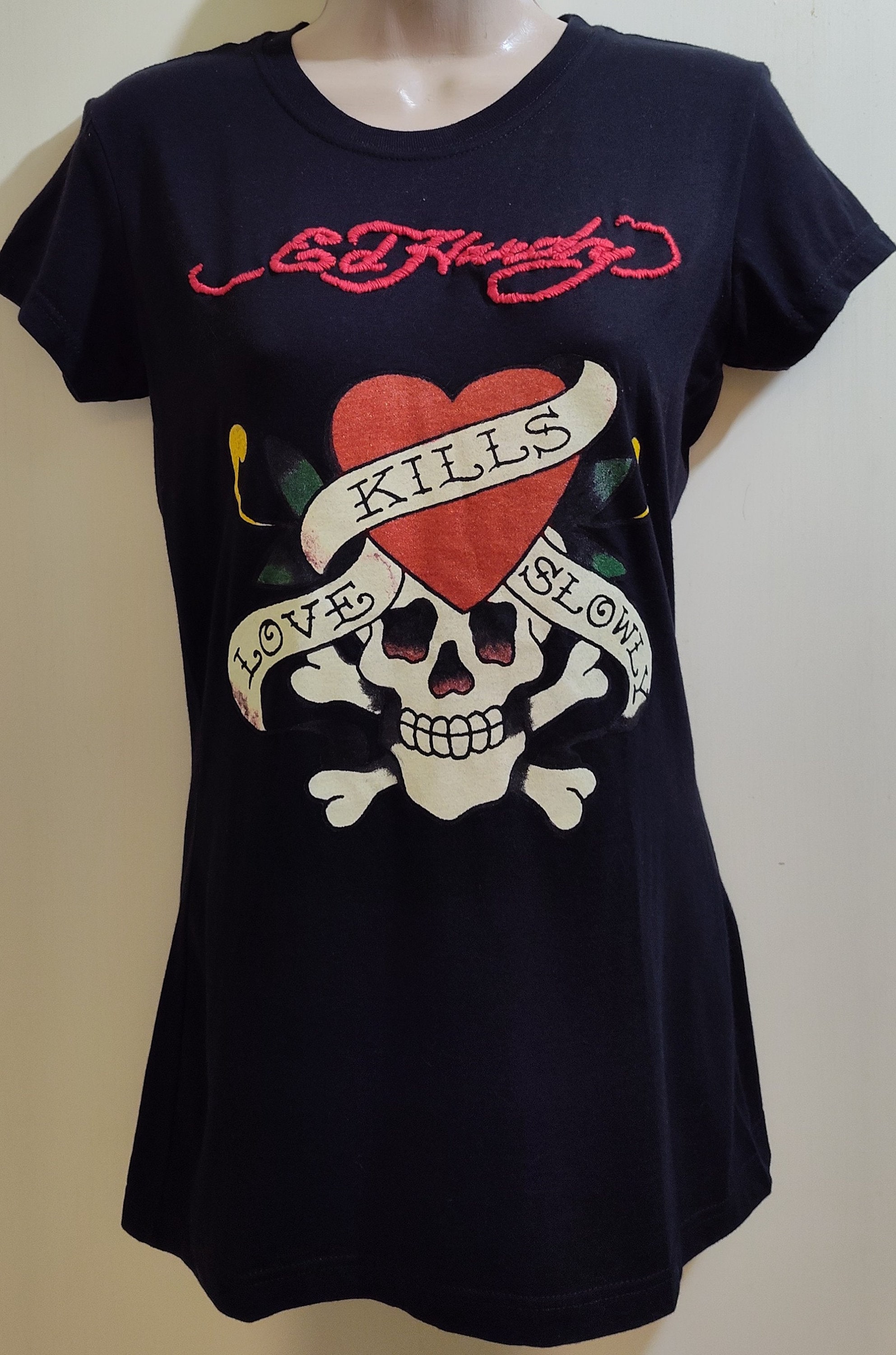 Ed Hardy Black Tee Love Kills Slowly Embroidered Logo Name Size