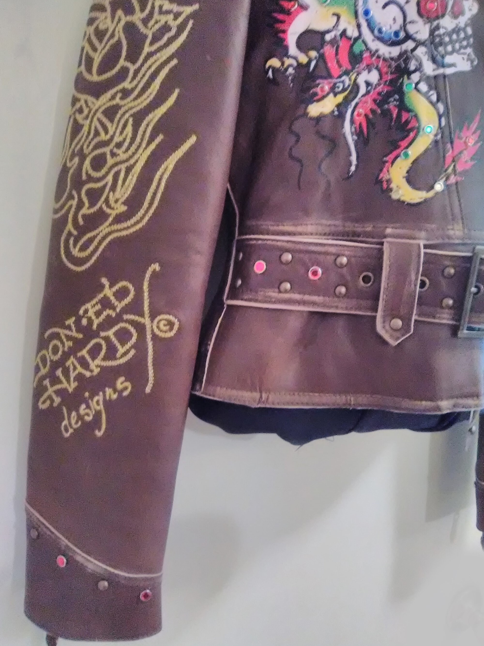 Ed Hardy Brown Leather Biker Jacket XS – Rhinestone Studded
