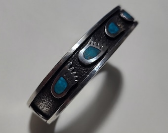 Vintage Native Sterling Silver Turquoise Inlay Bear Claw Cuff Bracelet