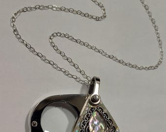 Magnifying Glass Mother of Pearl Ornate Style Embellishment Pendant Loupe Necklace