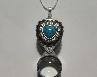 Feather Heart Magnifying Loupe Pendant Necklace, Oxidized Silver Tone Faux Turquoise (20x)