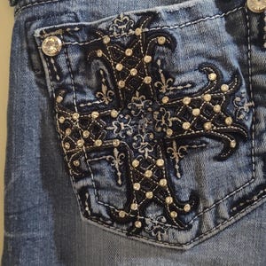 Miss Me Size 27 Style:MP6224B Bootcut Distressed Style Embellished Cross Embroidered Jeans