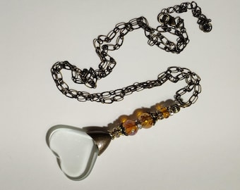 Bronze & Amber Crystal Tone Heart Shape Magnifying Glass Pendant Necklace