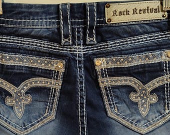 Rock Revival "Sherry" Jeans: Crystal Rhinestone Fleur de Lis, Size 26