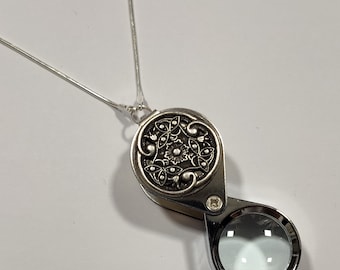 Magnifying Glass Oxidized Silver Art Nouveau Loupe Pendant Necklace 20x