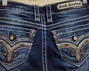 Rock Revival size 26 Embellished Fleur de Lis Distressed Jeans NWOT