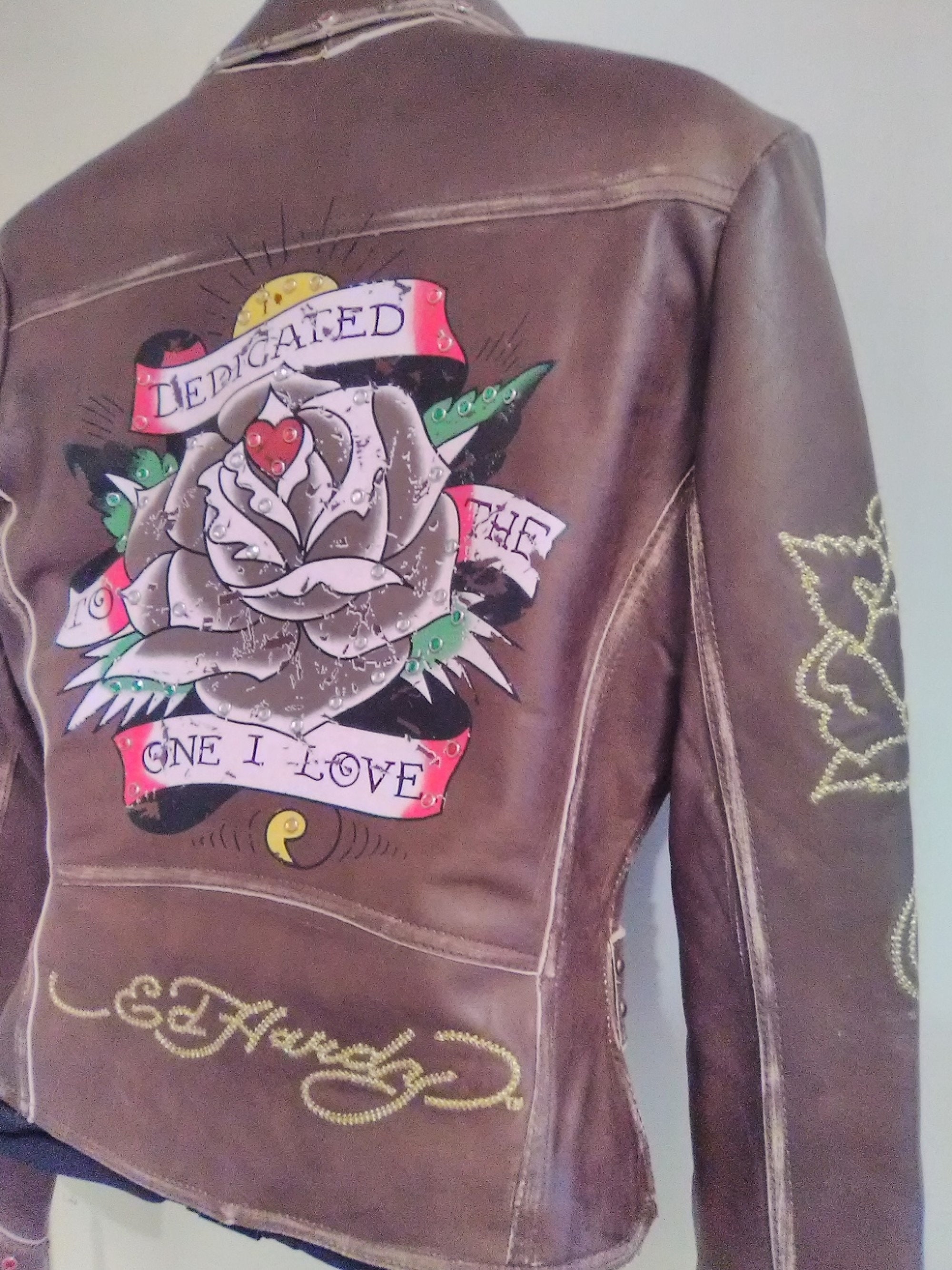 Ed Hardy Brown Leather Biker Jacket XS – Rhinestone Studded