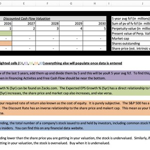 May include: A spreadsheet with financial data analysis, including columns for years, growth rates, and valuation metrics. Instructions are provided for entering data in specific cells to calculate stock value. The document is designed for financial analysis.