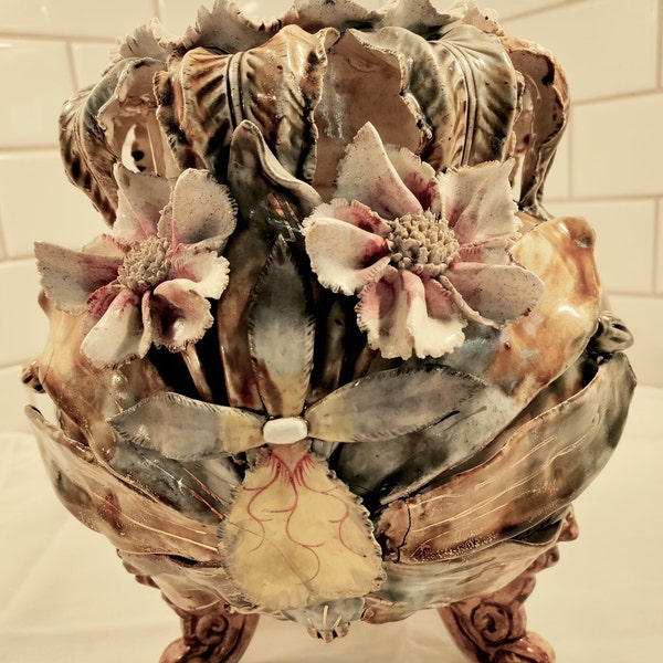 Majolica Jardiniere  French Barbotine Jardiniere  Majolica Pot  Brown, gray, green, yellow, pink, rust, cream  Pink flowers