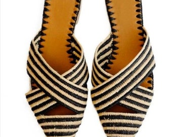 Moroccan handmade shoes made of natural raffia, women shoes leather.Handmade slip Raphia sandals femme  Raffia shoes women shoes