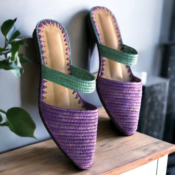 Moroccan handmade shoes made of natural raffia, and soles real leather.Handmade slip Raphia sandals femme  Raffia shoes women raffia mule