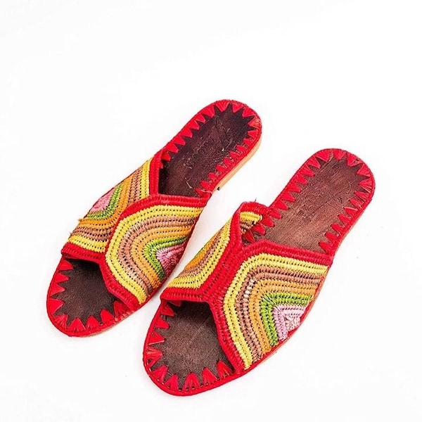 Moroccan handmade shoes made of natural raffia, women shoes leather.Handmade slip Raphia sandals femme  Raffia shoes shoes women