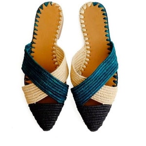 Moroccan handmade shoes made of natural raffia, women shoes leather.Handmade slip Raphia sandals femme  Raffia shoes shoes women