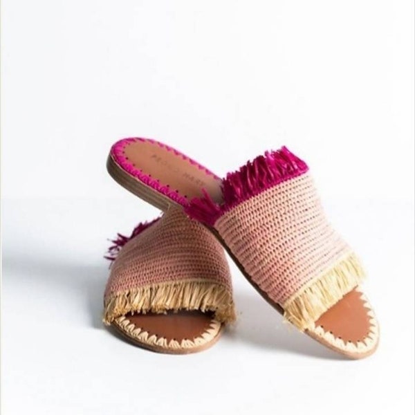 Moroccan handmade shoes made of natural raffia, and soles real leather.Handmade slip Raphia sandals femme  Raffia shoes women shoes