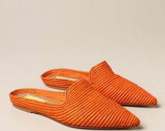 Moroccan handmade shoes made of natural raffia, and soles real leather.Handmade slip Raphia sandals femme  Raffia shoes women raffia mule