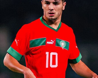 Brahim Diaz Marokkanisches Fußball-T-Shirt, marokkanische Fußballnationalmannschaft, Fußball, Marokko-Fan, MAILLOT OFFICIEL MAROC, Brahim Diaz