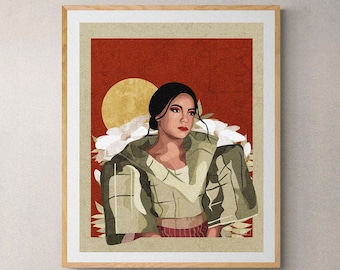 Könnte beinhalten: Eine digitale Illustration einer Frau mit dunklen Haaren, die eine grün-weiß gemusterte Jacke vor einem roten Hintergrund trägt. Die Frau schaut zur Seite und hat einen neutralen Gesichtsausdruck. Der Hintergrund ist rot mit einem goldenen Kreis und weißen Blumen.