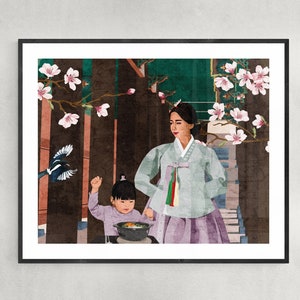 Cultural Korean Mom & Daughter Art Print, Asian Illustration, Food Art, Traditional Hanbok, Asian Family Art, Korean Culture