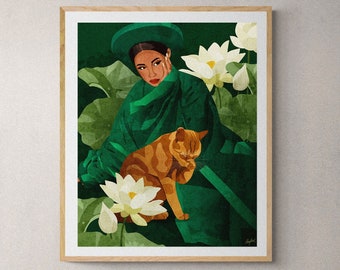 Vietnamese Woman in Ao Dai with her Cat Art Print: Asian Culture Illustration