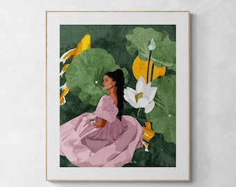 Blooming with Grace Art Print | Woman and Koi in Lotus Field Illustration, Wall Decor