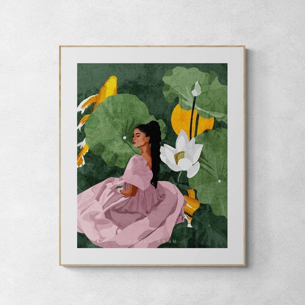 Bloom with Grace Art Print, Woman Illustration, Nature Art, Lotus field and Koi, Fantasy Illustration, Women Empowerment