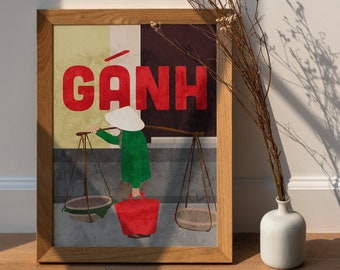 Vietnamese 'Gánh' Art Print: Viet Woman Illustration, Asian Culture Wall Decor