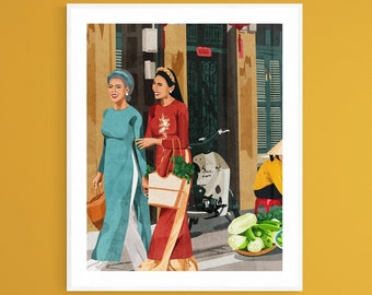 Vietnamese Ao Dai Art Print: Mother & Daughter at Market in Vietnam
