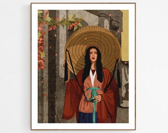 Viet Woman in Áo Giao Lĩnh Art Print: Vietnamese Illustration, Culture Wall Decor