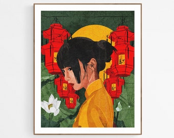 Impression d'art China Town, illustration de femme, art chinois, culture asiatique, oeuvre d'art asiatique, lanterne rouge, tirages d'art américano-asiatiques pour la décoration intérieure