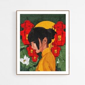 China Town Art Print, Woman Illustration, Chinese Art, Asian Culture, Asian Artwork, Red Lantern, Asian American Art Prints for Home Decor image 1