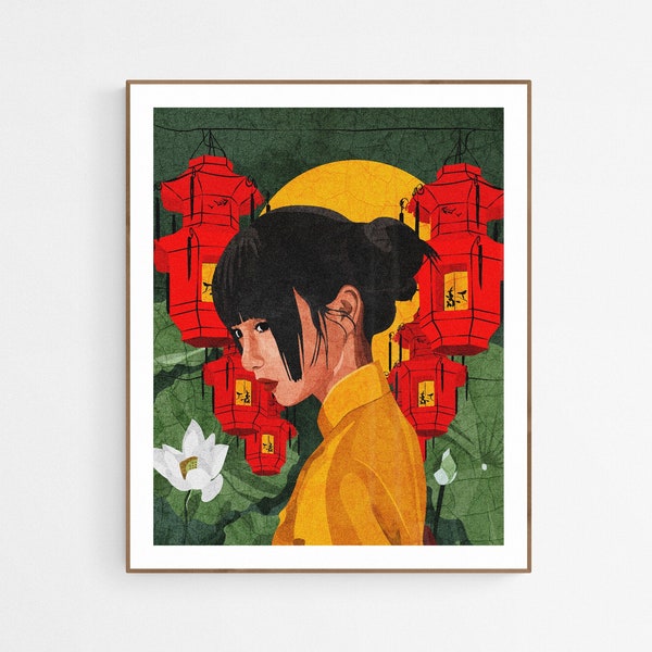 China Town Art Print, Woman Illustration, Chinese Art, Asian Culture, Asian Artwork, Red Lantern, Asian American Art Prints for Home Decor