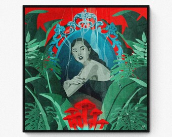 Escapism Art, Asian Woman Illustration, Mushroom Magic, Ukiyoe-inspired Print, Psychedelic Wall Painting