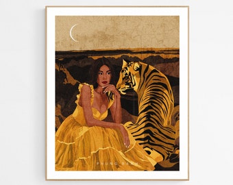 Strong but Soft Woman with Her Tiger Art Print: Yellow Illustration Wall Decor