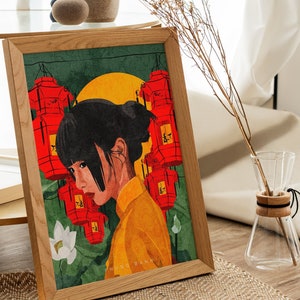 China Town Kunstdruck, Frau Illustration, chinesische Kunst, asiatische Kultur, asiatische Kunstwerk, rote Laterne, asiatisch-amerikanische Kunstdrucke für Wohnkultur Bild 2