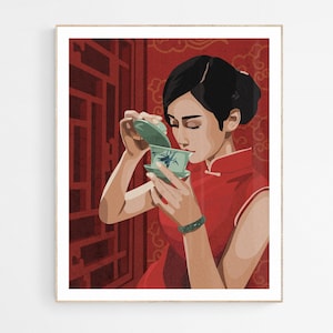 Chinese Art Print, Asian Woman Sipping Tea Illustration, Culture Celebration Art, Asian Woman Art Prints, Traditional Asian Art
