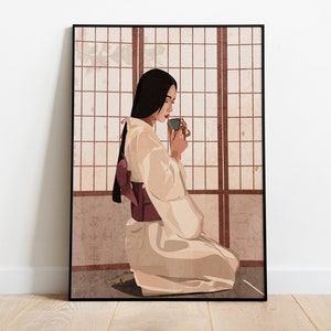 Japanese Woman in a Tea Ceremony Art Print, Asian Illustration, Culture Art, Japan Art, Traditional Kimono, Anime Wall Art