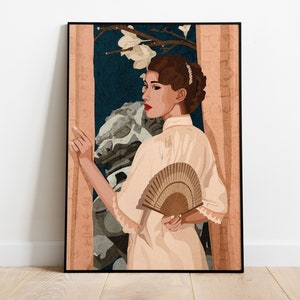 Asian Culture Art Print, Chinese Woman in Cheongsam Illustration, Lion Stones Prosperity, Asian Woman Art Prints, Asian American Wall Art