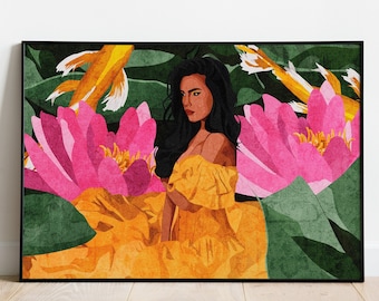 Feminist Asian Art Print: Woman with Water Lilies, Floral Illustration